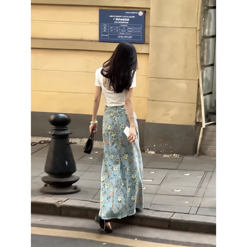 大码韩系复古印花牛仔半身裙女2025夏季新款高腰显瘦a字包臀长裙