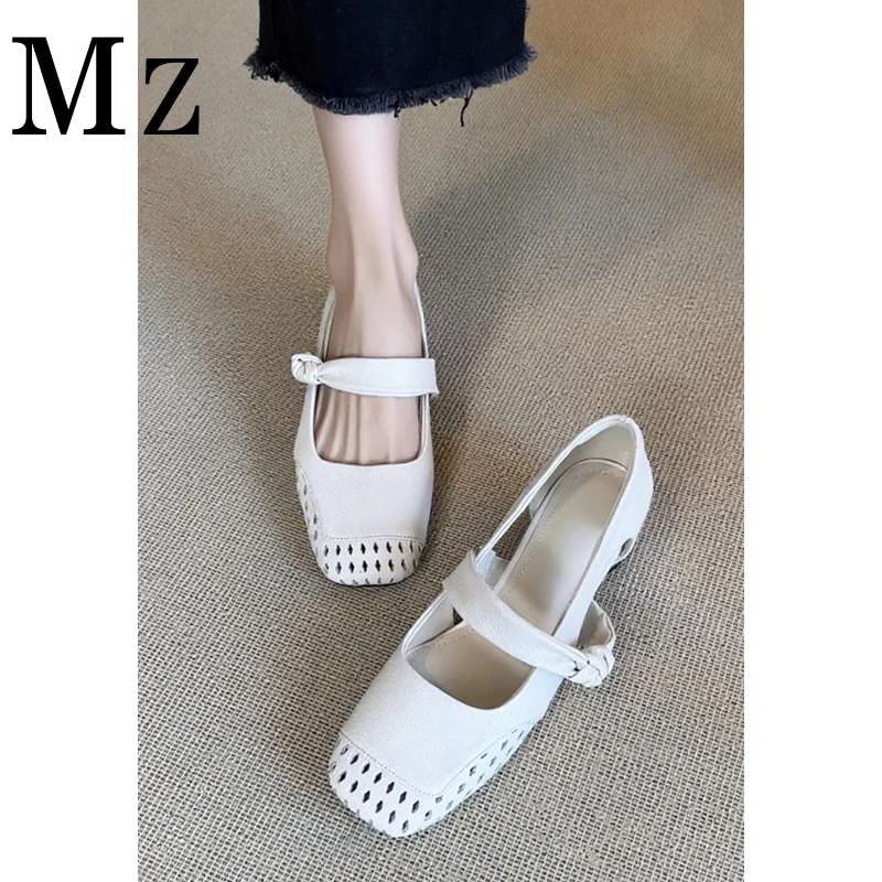 Mr.Zheng/3.5cm/钻跟包头中空一字带打孔透气夏季新款休闲女单鞋