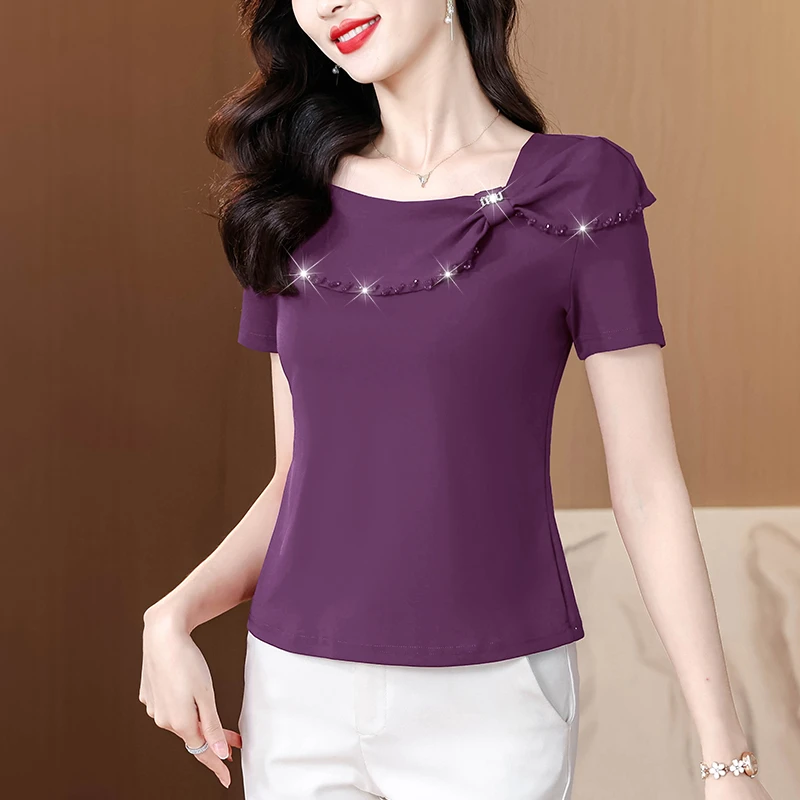 时尚气质减龄蝴蝶结方领钉珠短袖T恤女夏季修身显瘦百搭洋气上衣
