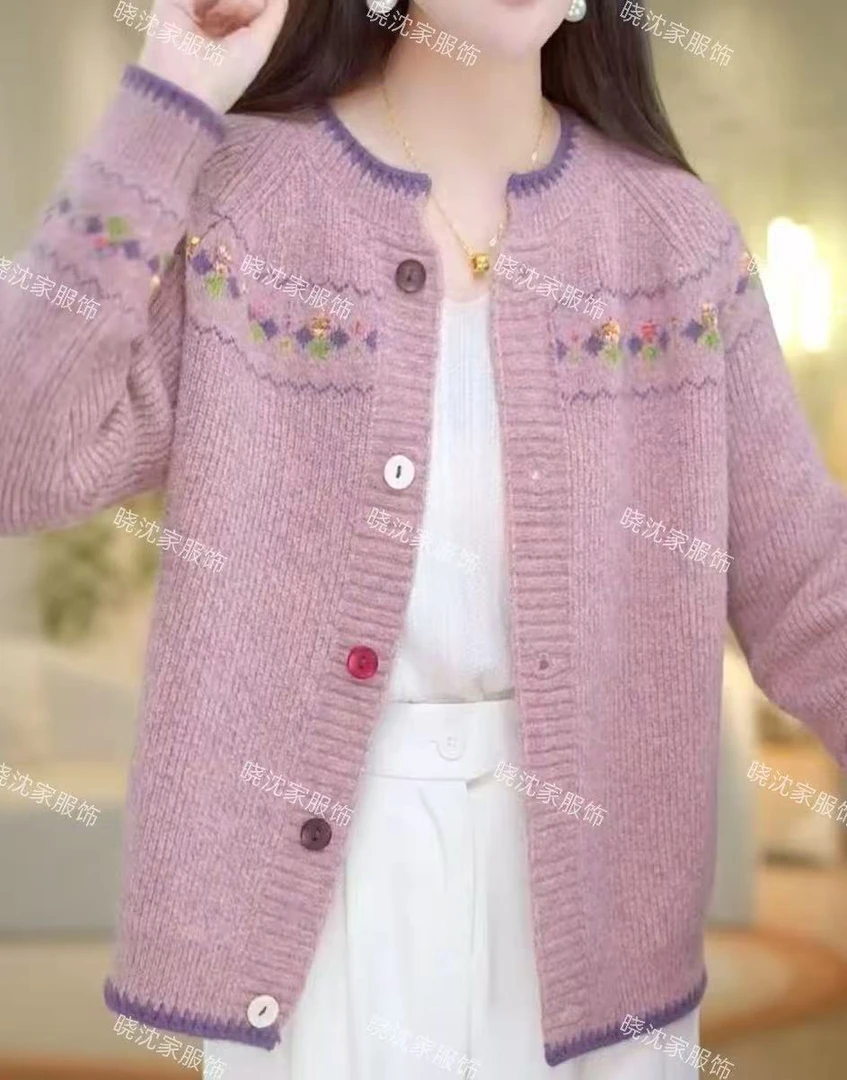 春秋新款花纱针织女开衫大码宽松减龄毛衣外套短款外搭