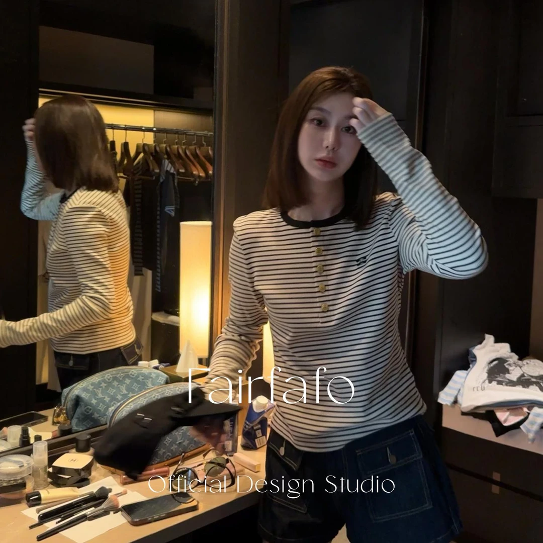 【休闲条纹圆领长袖】TXCL56061新款舒适显瘦百搭细条纹T恤