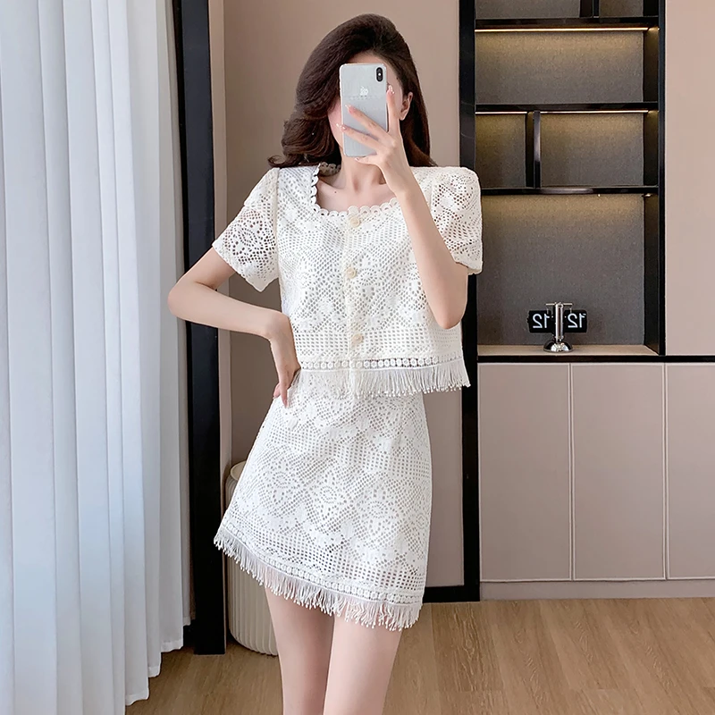 赫小本香风韩版名媛时尚气质减龄方领流苏蕾丝连衣裙两件套小礼服