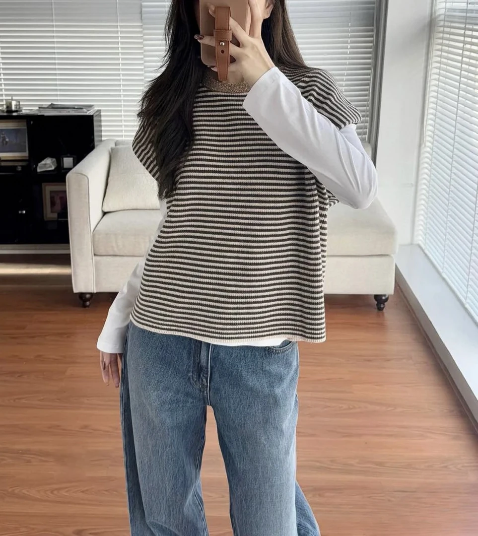25新款条纹针织T恤B68791Y99时尚休闲百搭宽松无袖韩版套头圆领