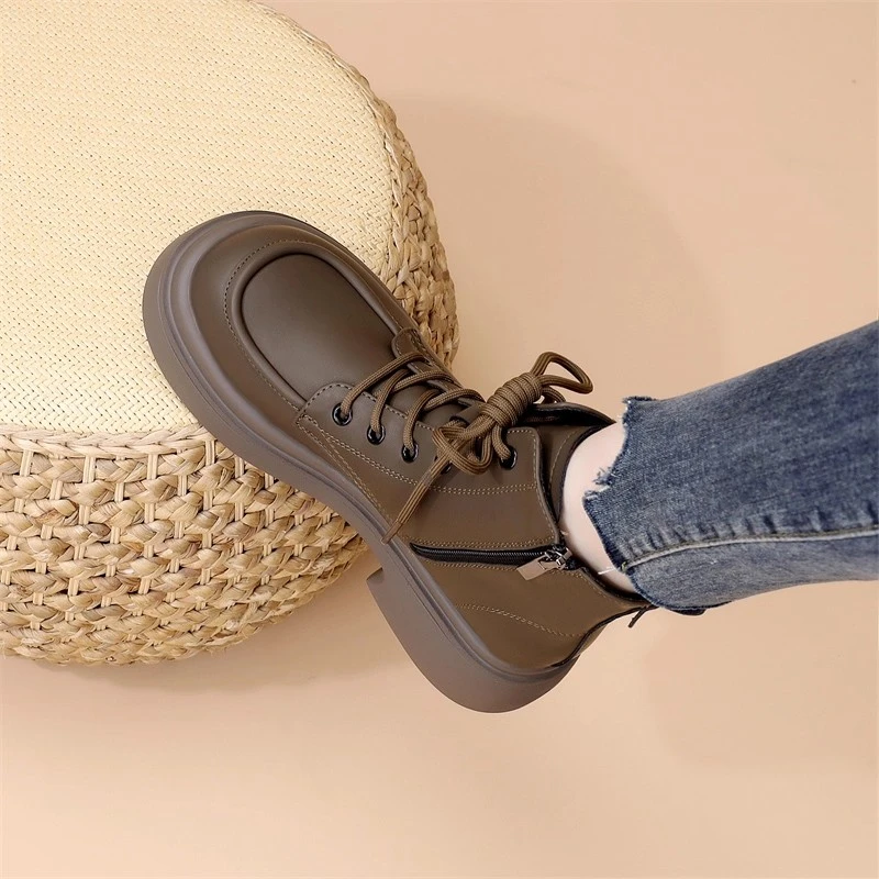 WANSSENY2025新款单靴马丁靴女款中跟英伦风百搭厚底短靴薄款靴