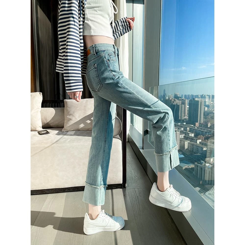 卷边直筒牛仔裤女春秋2025新款高腰显瘦九分小个子浅蓝法棍烟管裤