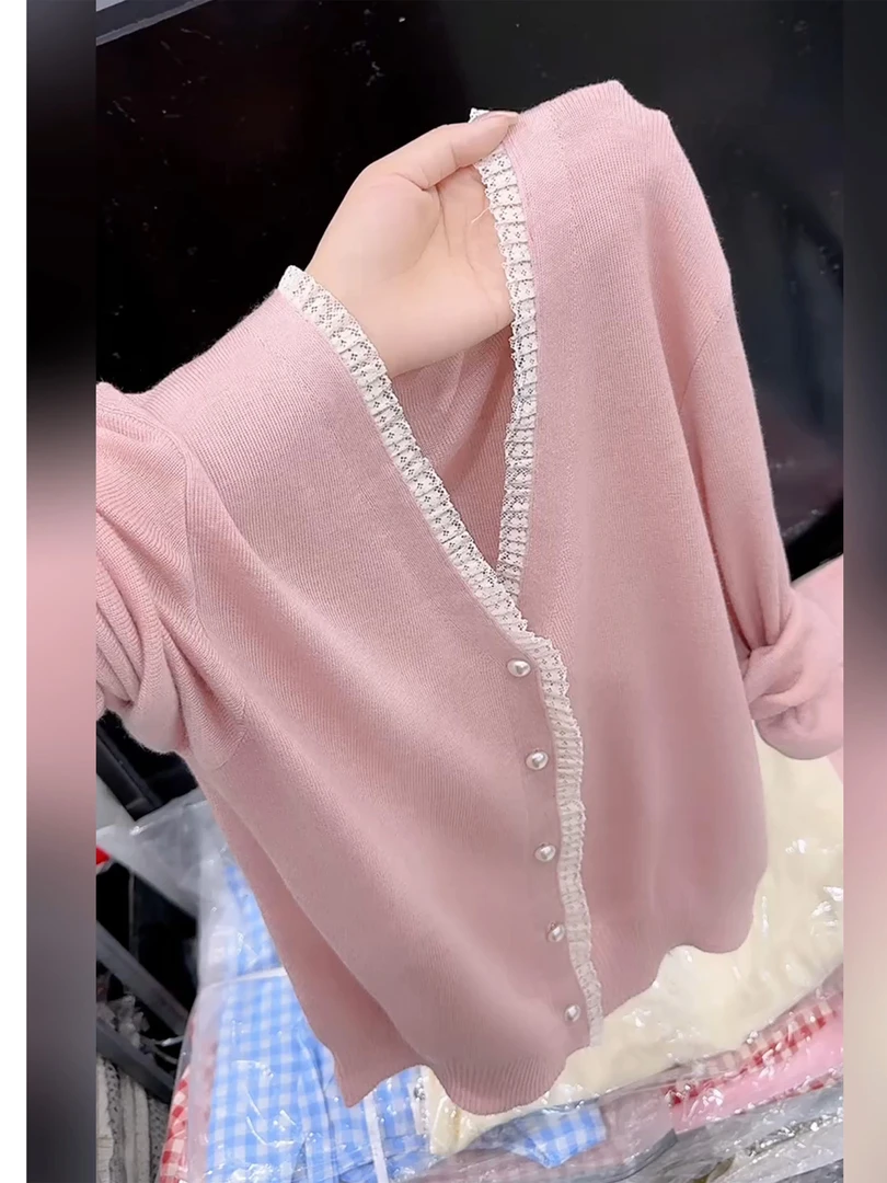 欧货高端粉色V领长袖针织开衫女2025早秋新款高级感宽松百搭上衣
