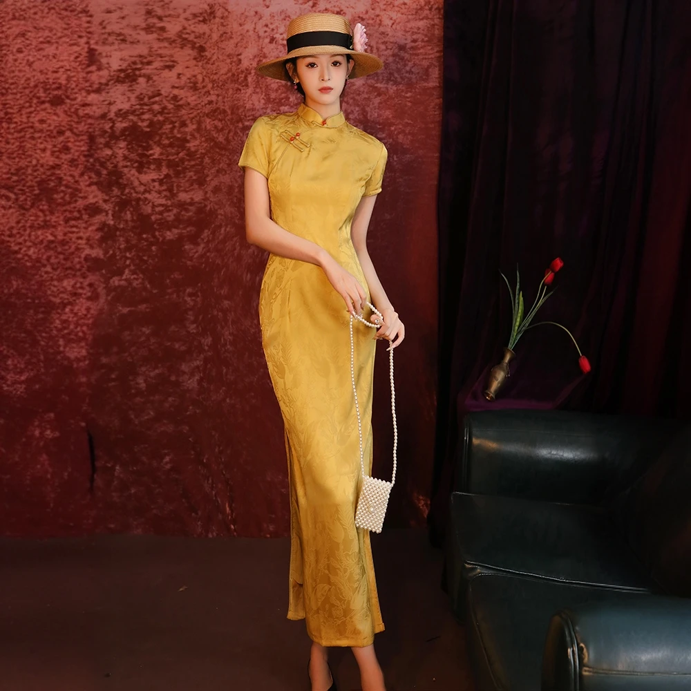 黄色旗袍2025新款女夏季高考旗开得胜日常可穿复古气质长款连衣裙