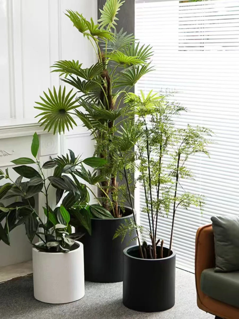 圆桶镁泥盆黑金刚鸭脚木高山榕欧式简约轻奢风办公室客厅落地花盆