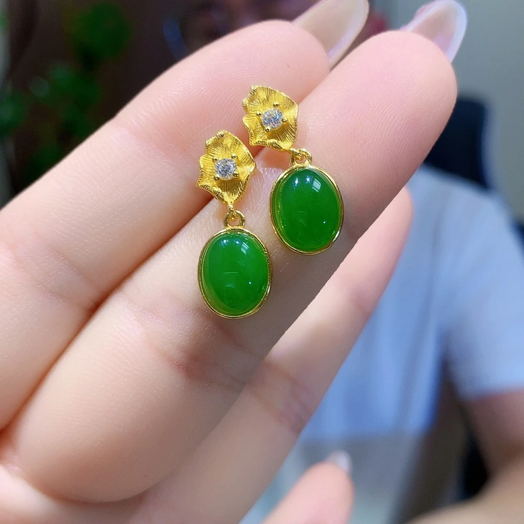 银S925镀金镶嵌和田玉（碧玉）耳饰
