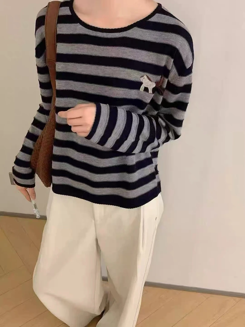 【小马条纹】蓝灰撞色夹条圆领套头长袖针织衫女毛衣秋冬新款