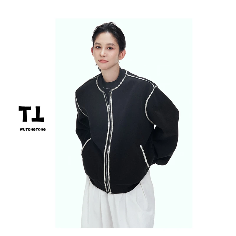 现货【黑白相间】秋季新款开衫卫衣女韩版宽松长袖棒球服62502