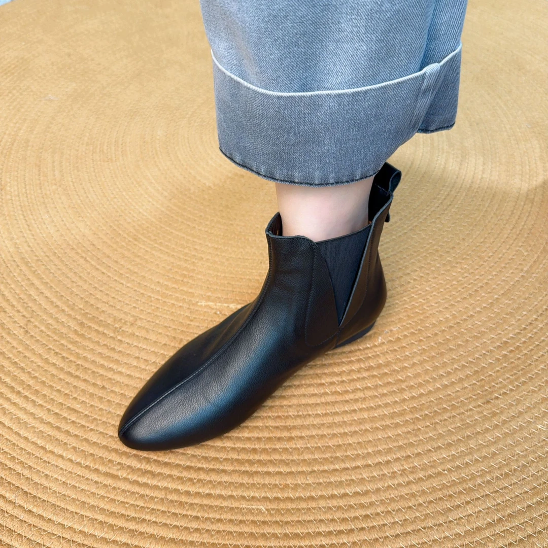 2025新款羊皮短靴女秋冬加绒英伦风尖头平底单靴复古百搭切尔西靴