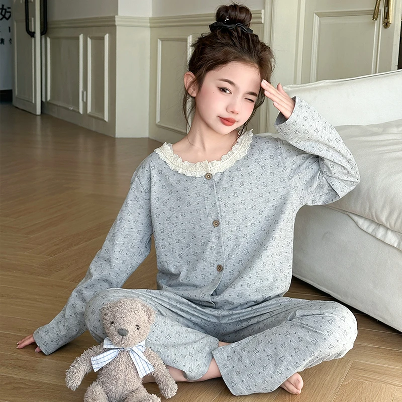 女童小熊印花家居服纯棉舒适洋气2025春新款甜美小女孩睡衣两件套