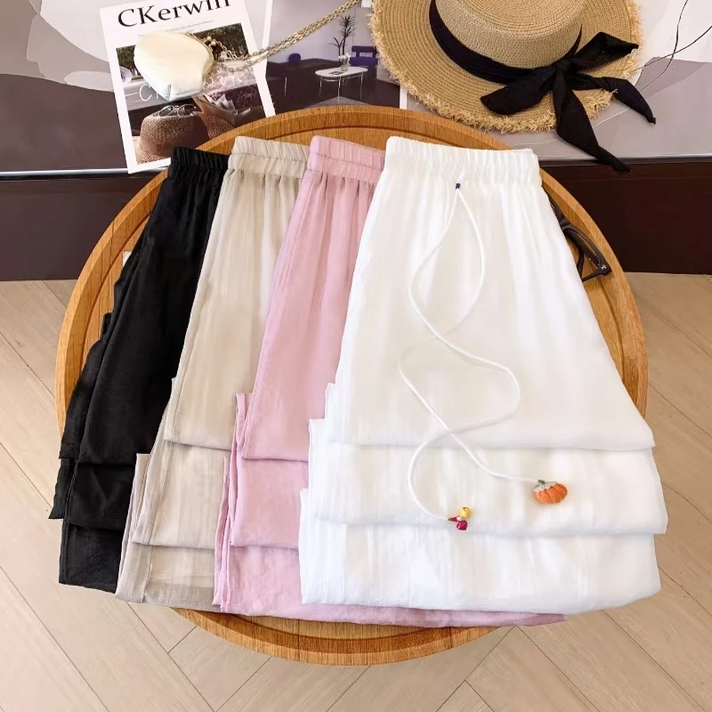 复古白色流苏冰丝阔腿裤女夏季新款松紧腰宽松飘逸裙裤2025夏季