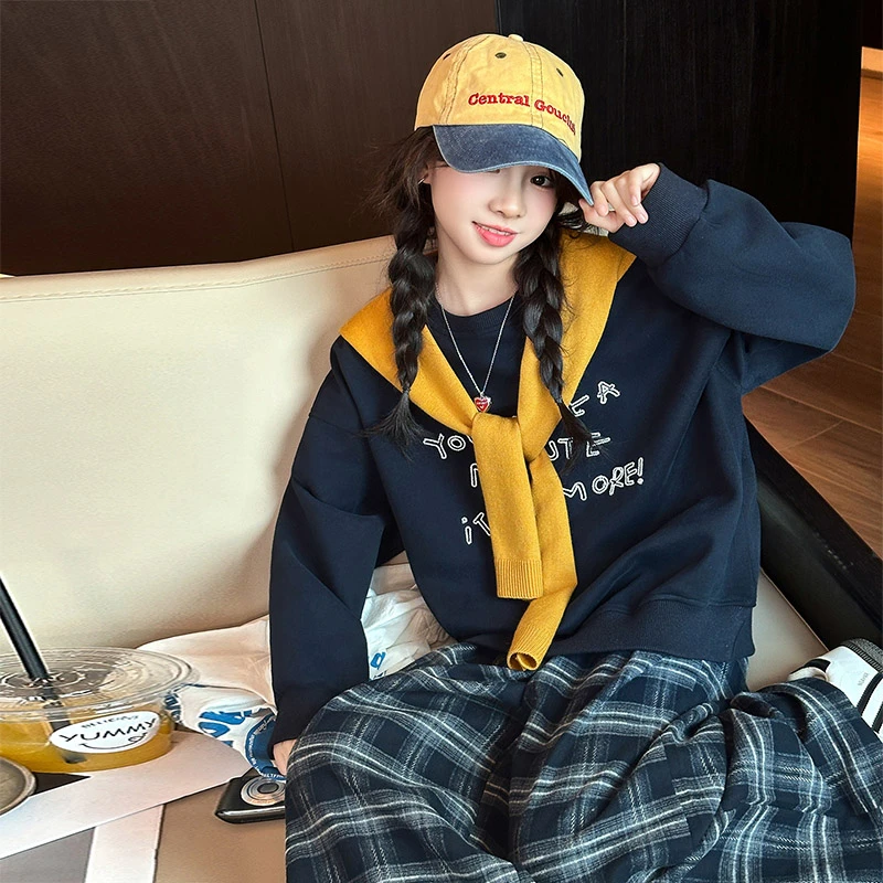 女童秋装卫衣2025新款洋气披肩圆领长袖春秋季中大童潮流宽松上衣