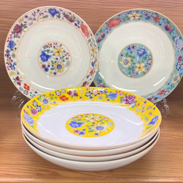 中式珐琅彩陶瓷餐盘8英寸菜盘家庭骨瓷盘子 厨房菜盘6色装