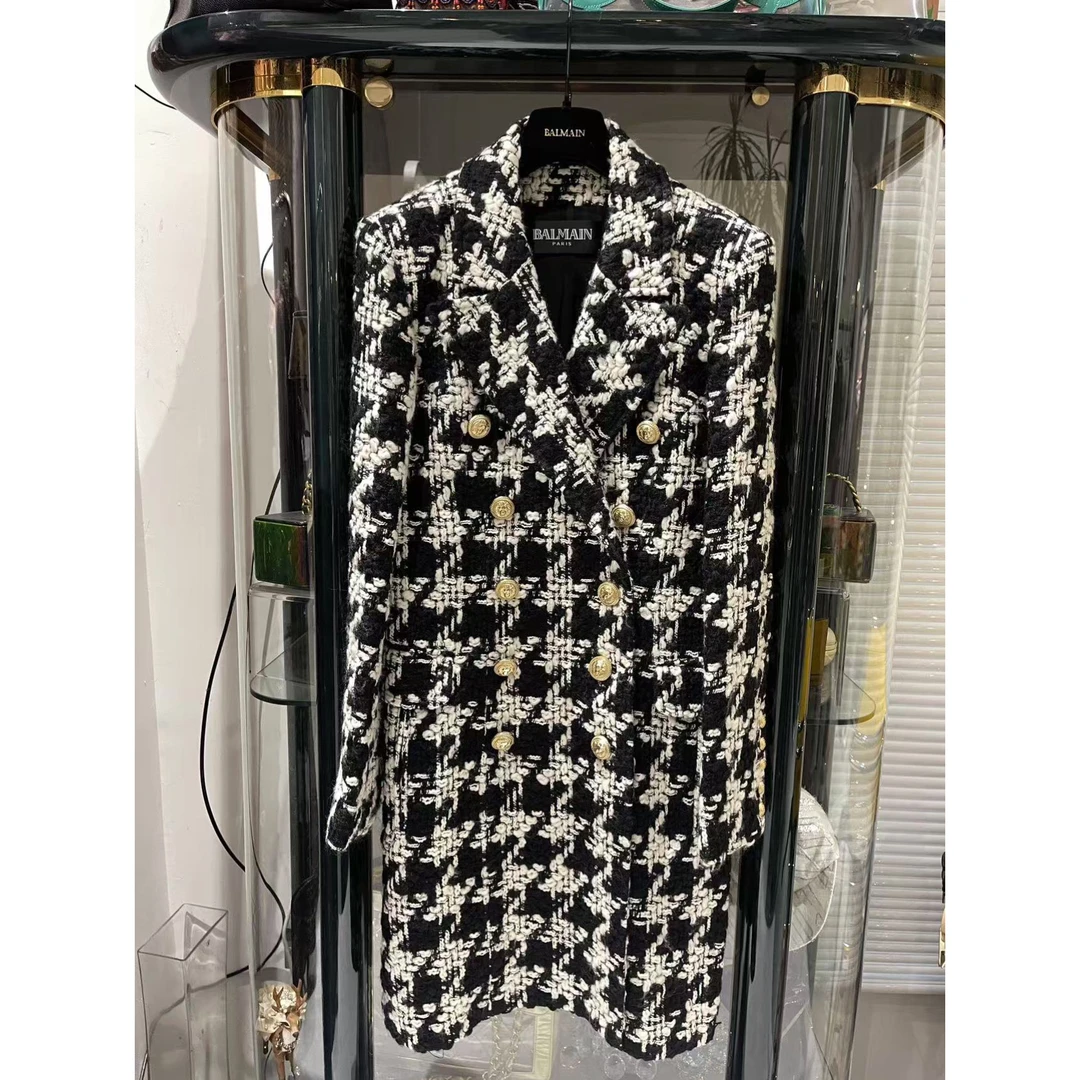 99新 Balmain/宝曼 Balmain 黑白 千鸟格 翻领 大衣 40码