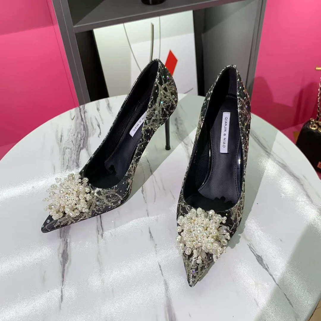 【8厘米】重工串珠霸王花尖头细跟高跟鞋烫钻轻奢气质千金风RY707-9