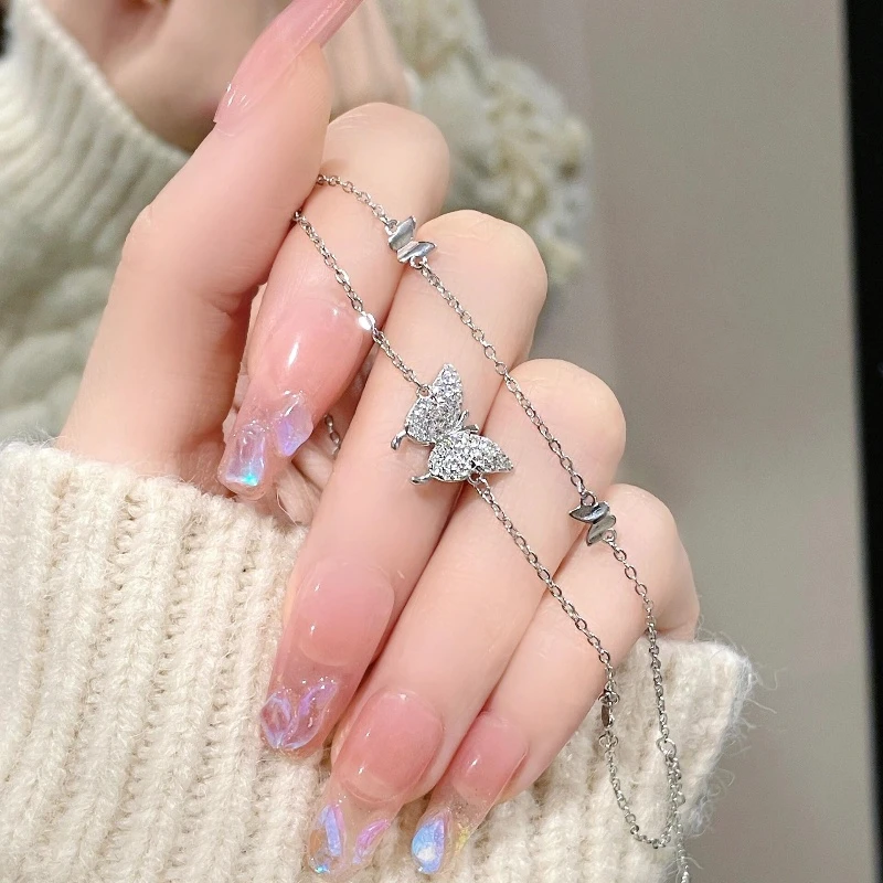 925银手链 纯银CK叠戴双层蝴蝶手链女生轻奢小众时尚银色锁骨链子