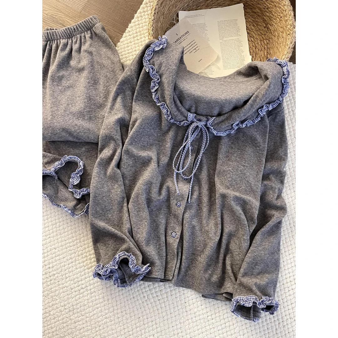 甜美少女木耳边德绒睡衣女2026春秋新款长袖长裤家居服套装可出门