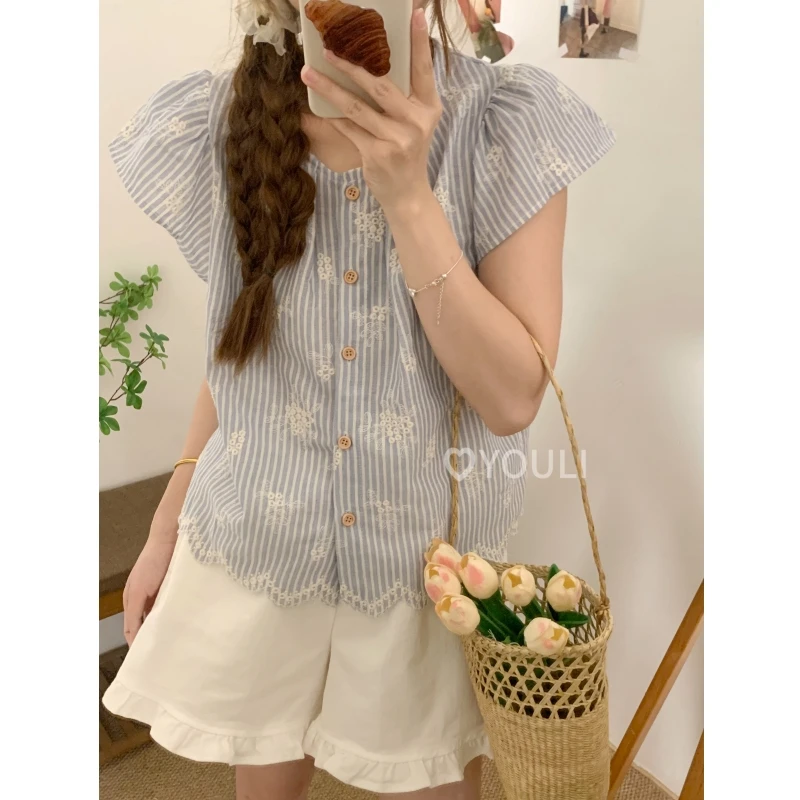 【乌梨】韩系甜美减龄刺绣钩花荷叶边小飞袖衬衫女宽松显瘦衬衣