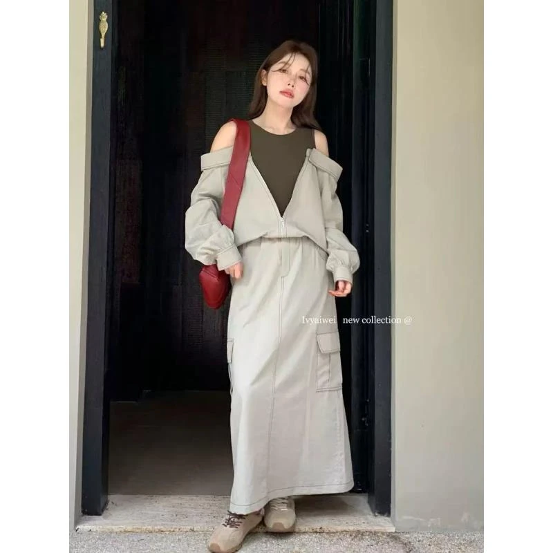 韩系假两件露肩工装上衣+高腰半身裙两件套女2025春季休闲套装