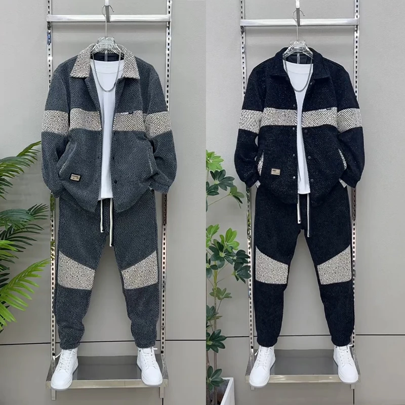 秋冬加绒雪尼尔撞色拼接运动套装欧货百搭休闲翻领外套长裤两件套