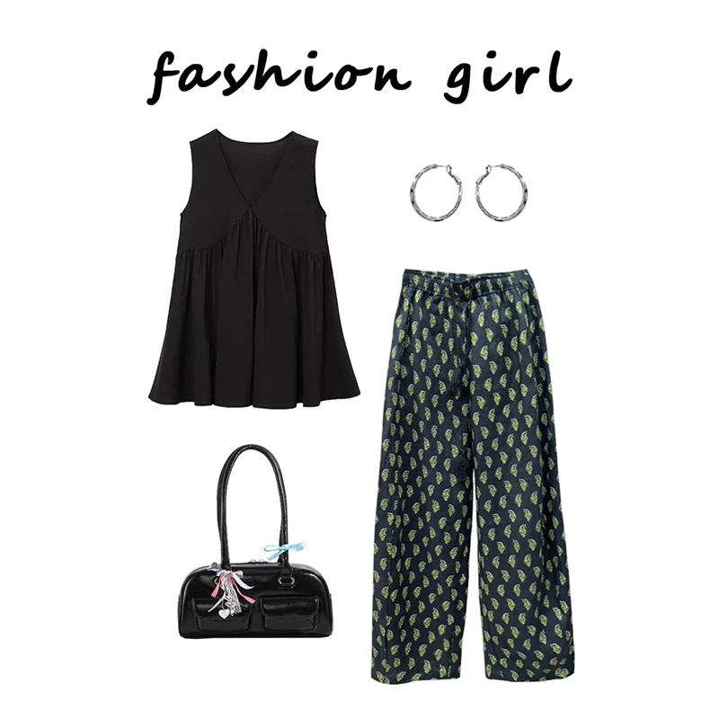 韩系温柔风气质无袖背心女夏季2025新款松绿色印花阔腿裤子套装