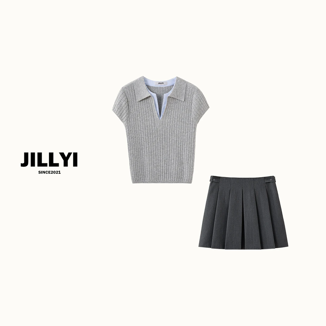 jillyi【栗子灰】+【陨石灰】灰色学院风上衣+灰色百褶裙时尚套装