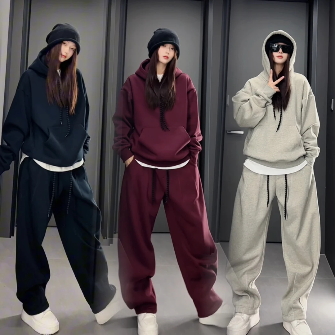冬季加绒连帽休闲运动套装时尚百搭宽松卫衣卫裤两件套男女同款
