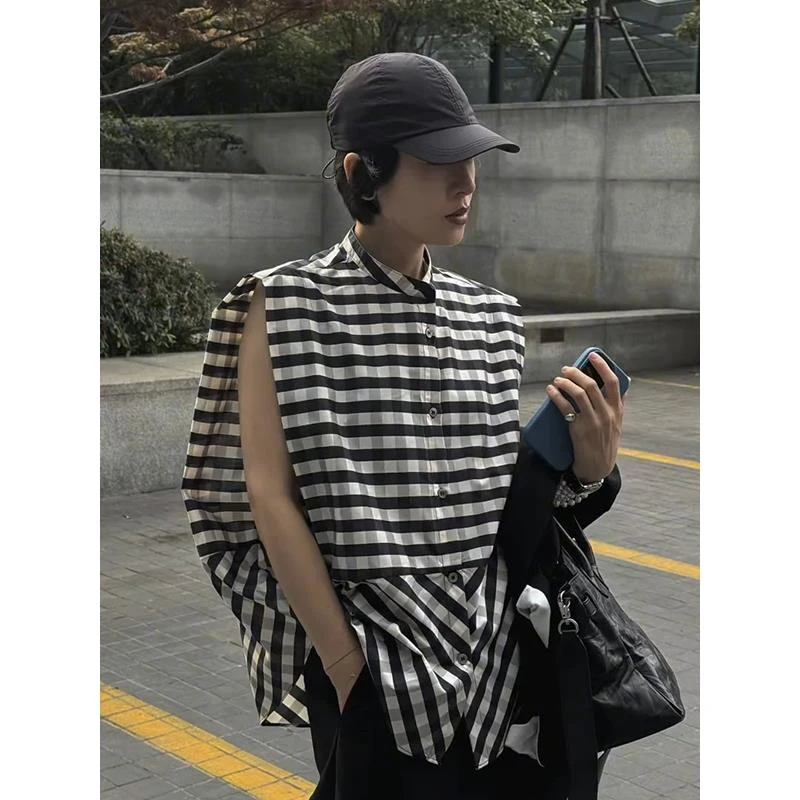 今年流行爆款法式小资上衣独特超好看漂亮黑白格纹宽松无袖衬衫夏