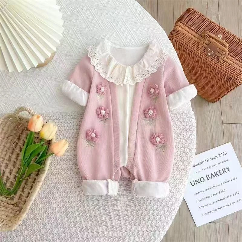 婴儿衣服新生宝宝公主连体衣花朵长袖满月哈衣百天周岁外出爬服