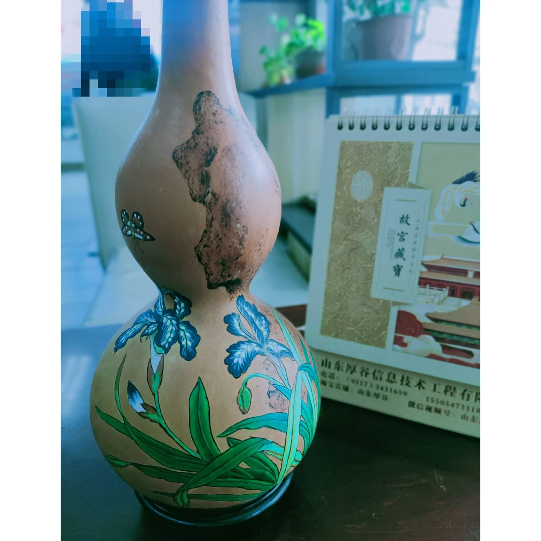 9年以上老葫芦 天然风水葫芦摆件 纯手工烙画《蝶恋花》 33cm左右