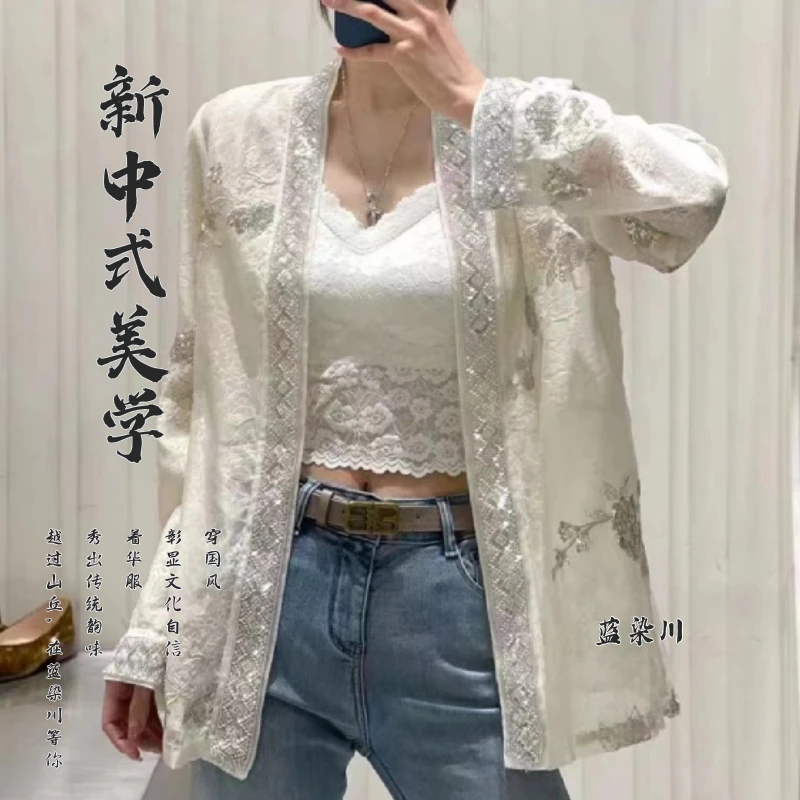 新中式国风防晒衣女2025夏新款重工串珠亮片轻薄透气衬衣开衫外套