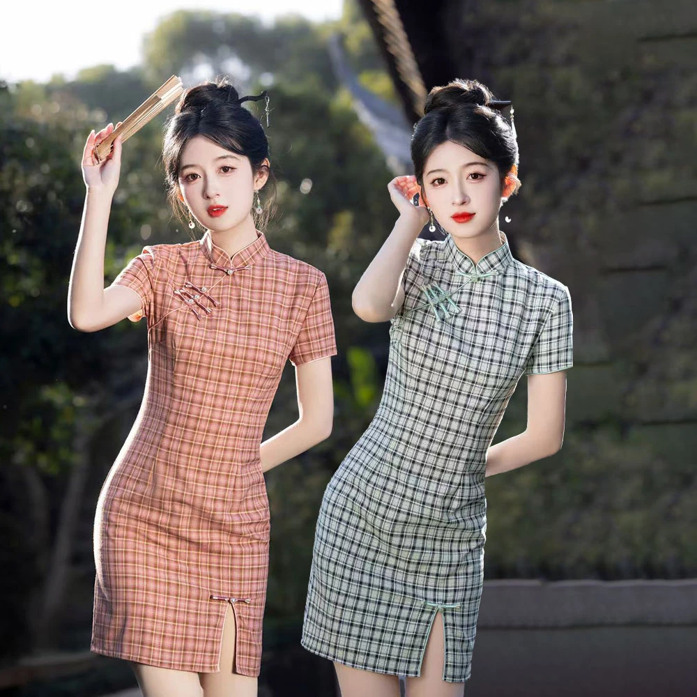 格子旗袍2025年夏季新款改良版连衣裙民国风小个子短款日常可穿女