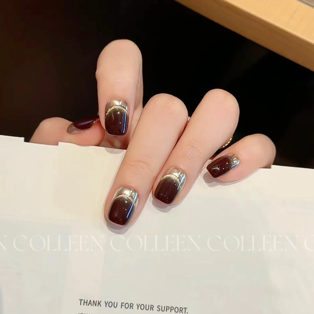 COLLEEN NAIL【金标黑巧】穿戴甲秋冬反法式短款显白高级感猫眼美甲