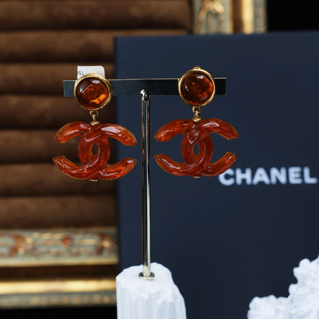 95新 Chanel/香奈儿 柚礼中古/香奈儿焦糖色双C耳夹LZ504246