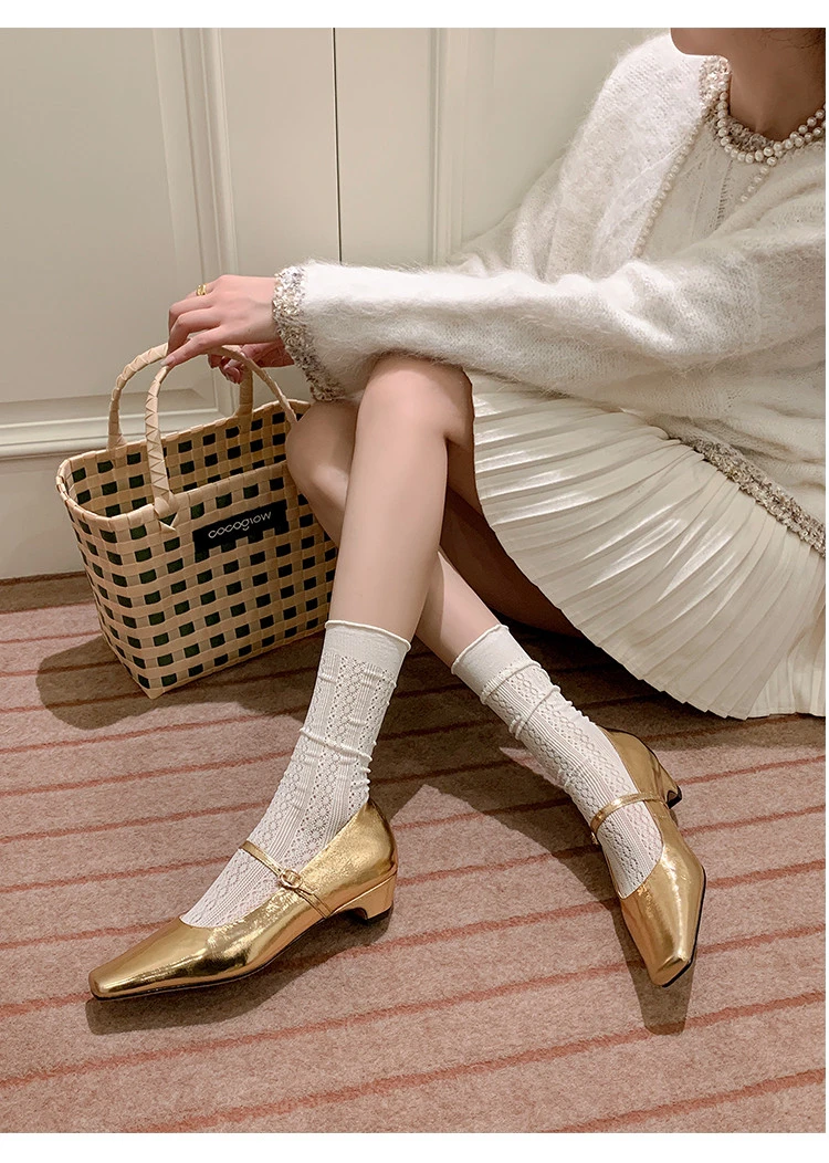 2025春季新款法式真皮单鞋女金色粗跟一字带方头玛丽珍鞋子