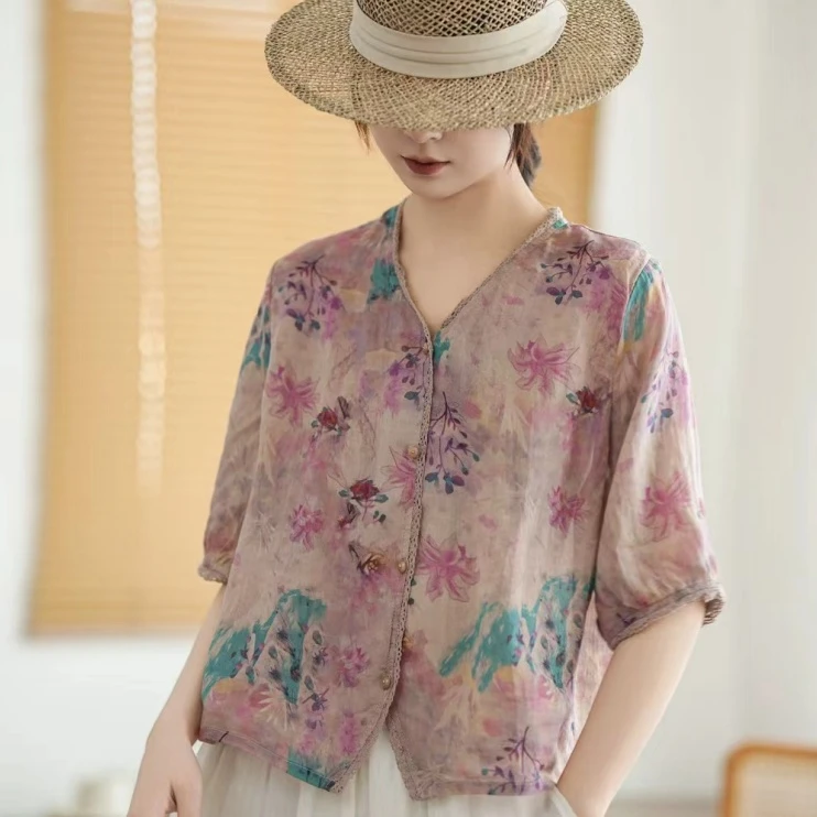 超显瘦印花[苎麻]时尚夏季宽松中袖开衫小个子