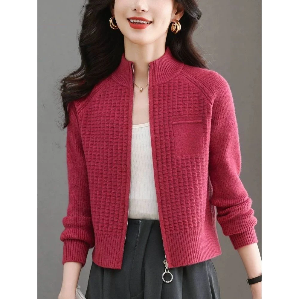 新款秋秋针织开衫潮流立领短款外套小个子宽松拉链毛衣洋气上衣