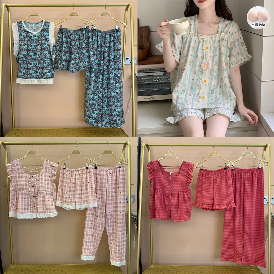 【编码201-299】三件套带胸垫睡衣女夏季短袖甜美复古家居服爆款