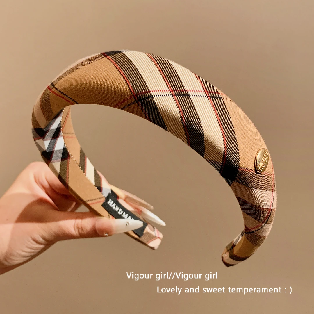 复古卡其色格子宽边发箍女日常外戴高颅顶头箍洗脸压发发卡头饰