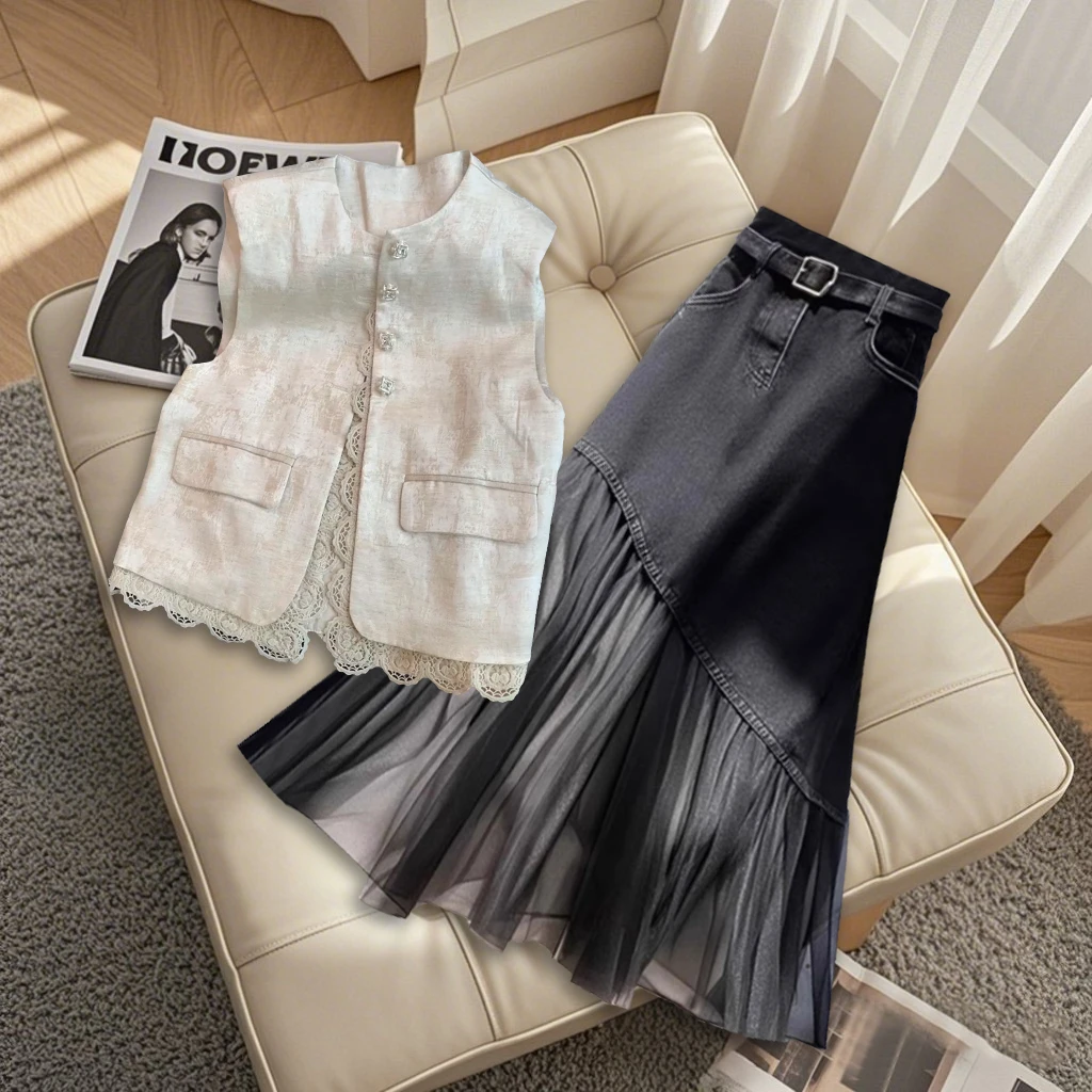 今年流行网红洋气炸街一整套新款轻熟风蕾丝拼接马甲牛仔半身裙女