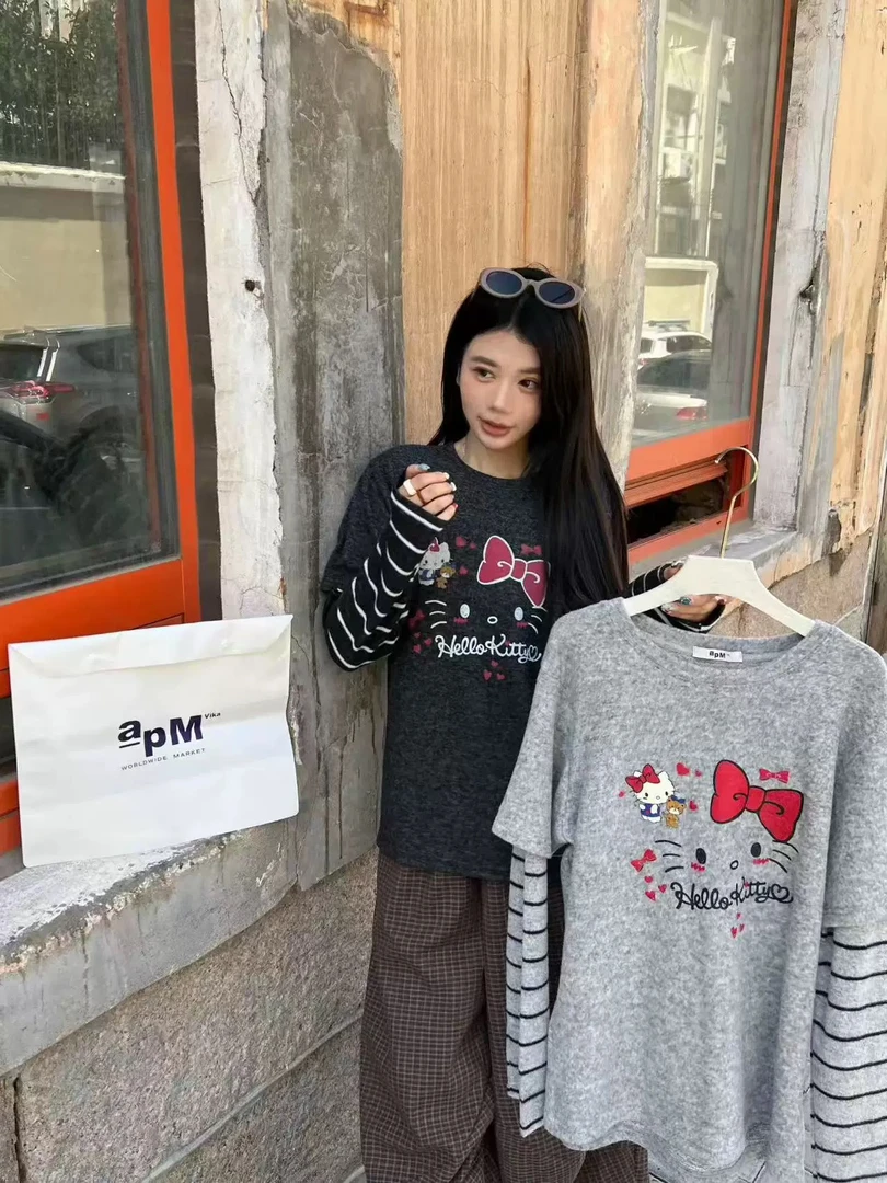 韩系卡通KT猫印花软糯条纹假两件长袖T恤女25秋冬款宽松百搭上衣