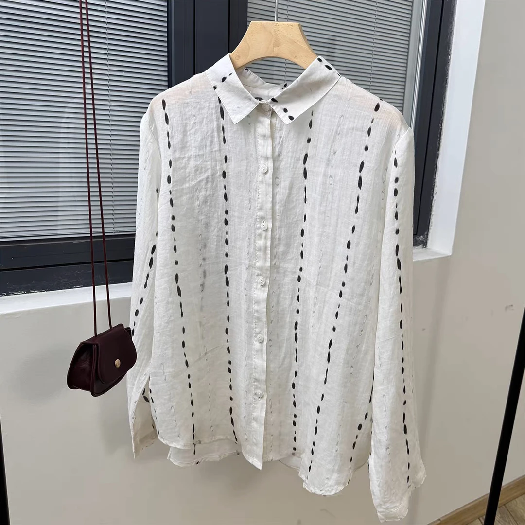 秋季新款POLO领超薄衬衫女式微透纯苎麻衬衣虚线印花遮阳防晒上衣