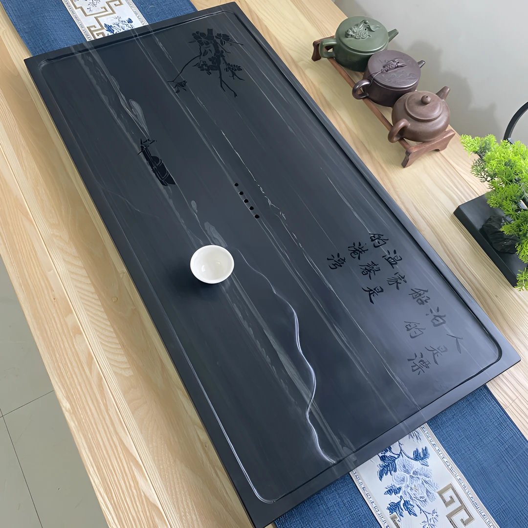 皇庭玉茶盘百搭家用简约大号精致长方形黑色石茶台排水式手工