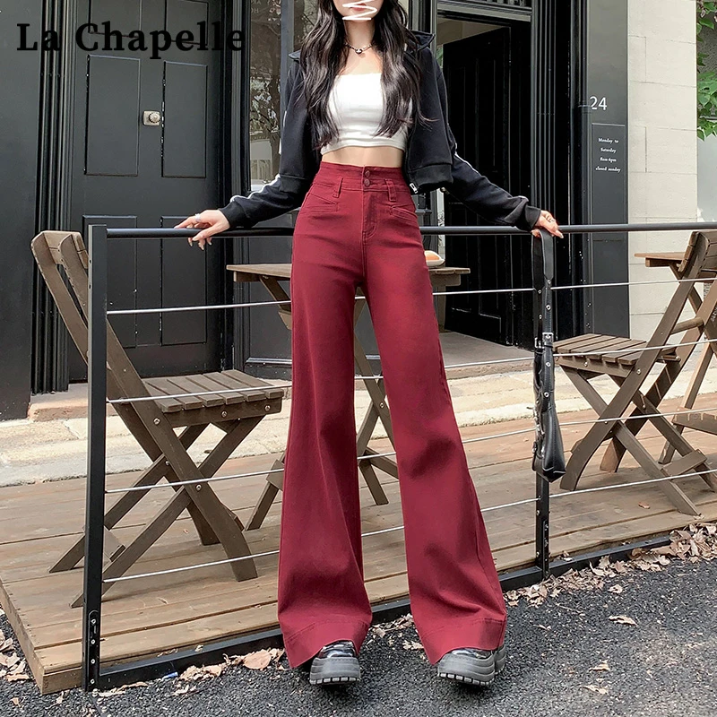 拉夏贝尔安可拉红窄版阔腿微喇牛仔裤新款高腰宽松显瘦直筒长裤子
