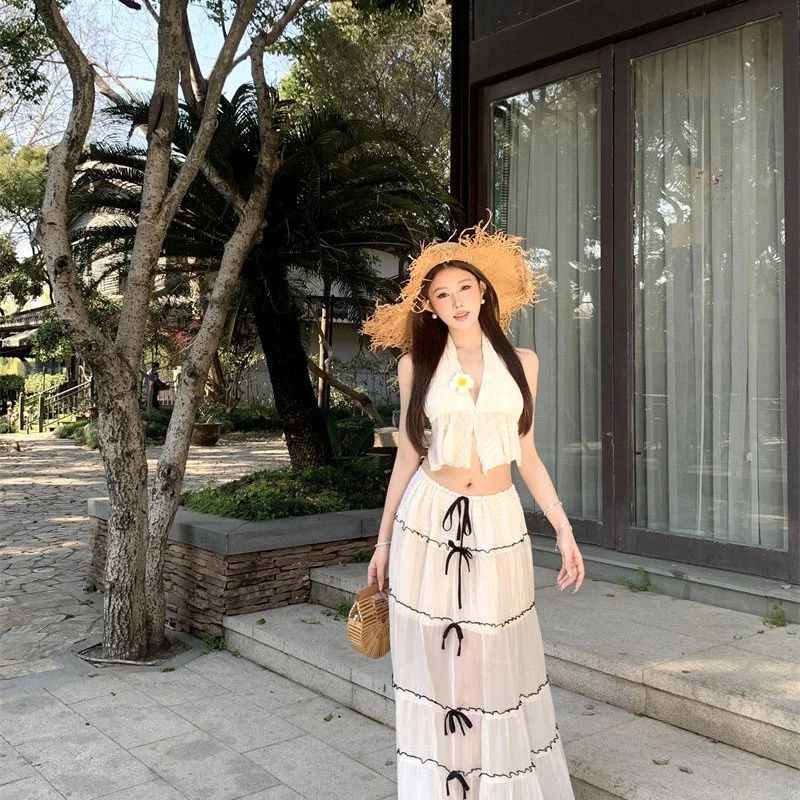 海边度假风穿搭辣妹美背挂脖背心女夏季套装网纱高腰半身裙两件套