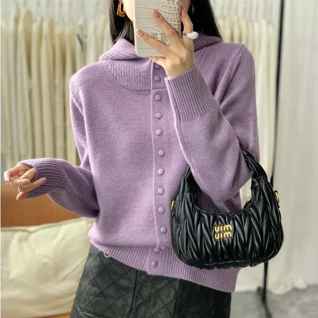 【芊荨精选】冬季新款百搭气质时尚连帽纯色单排扣针织开衫S484#S0