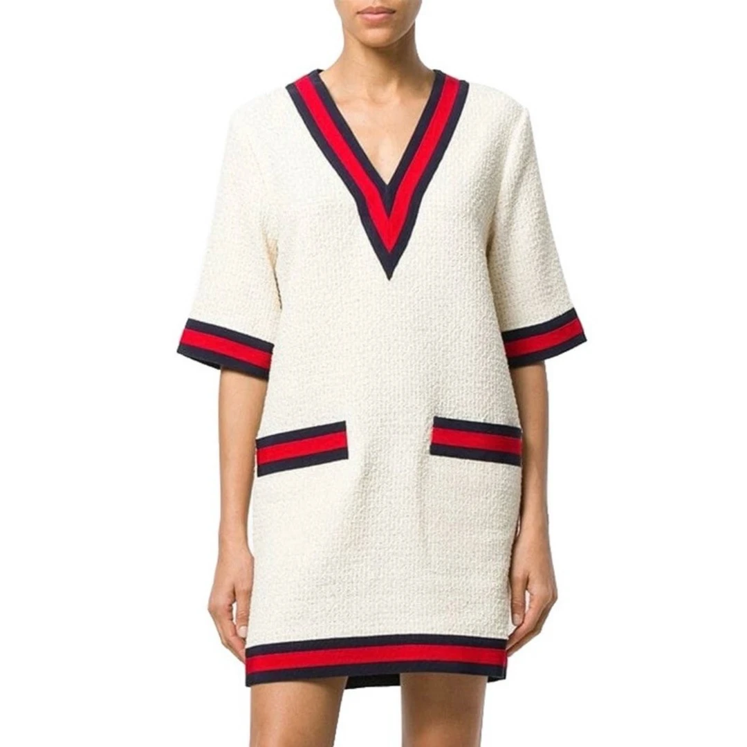 99新 GUCCI/古驰 5446/米白色条纹V领五分短袖连衣裙/36码